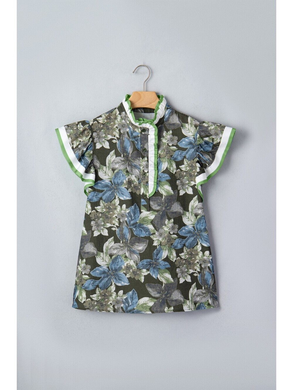 Women's Floral Ruffle Sleeve Button-Up Blouse with Green Trim